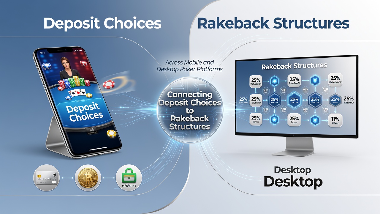 Poker player comparing deposit options on mobile and desktop screens showing rakeback calculations