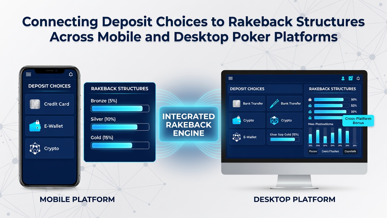 Comparison chart of rakeback percentages by deposit type across mobile and desktop poker interfaces