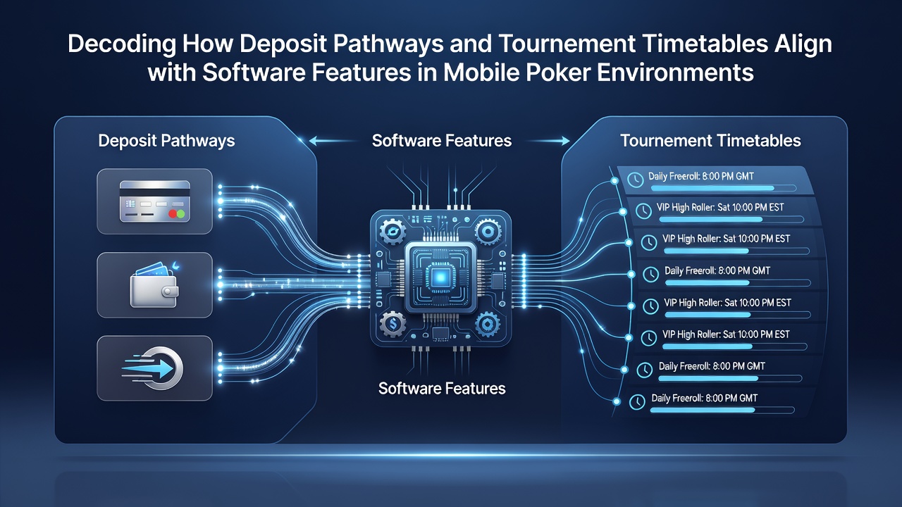 Mobile poker app interface showing deposit options and tournament schedule synchronization