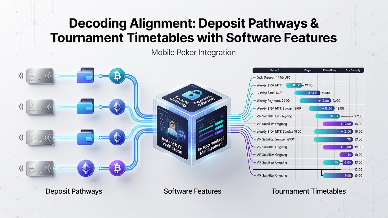 Diagram of mobile poker software architecture linking payments to tournament schedules