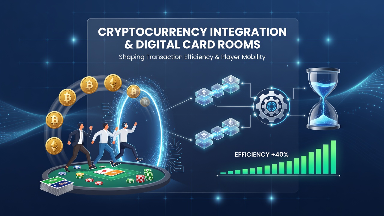 Overview of cryptocurrency use in digital card rooms showing transaction flows and player access points
