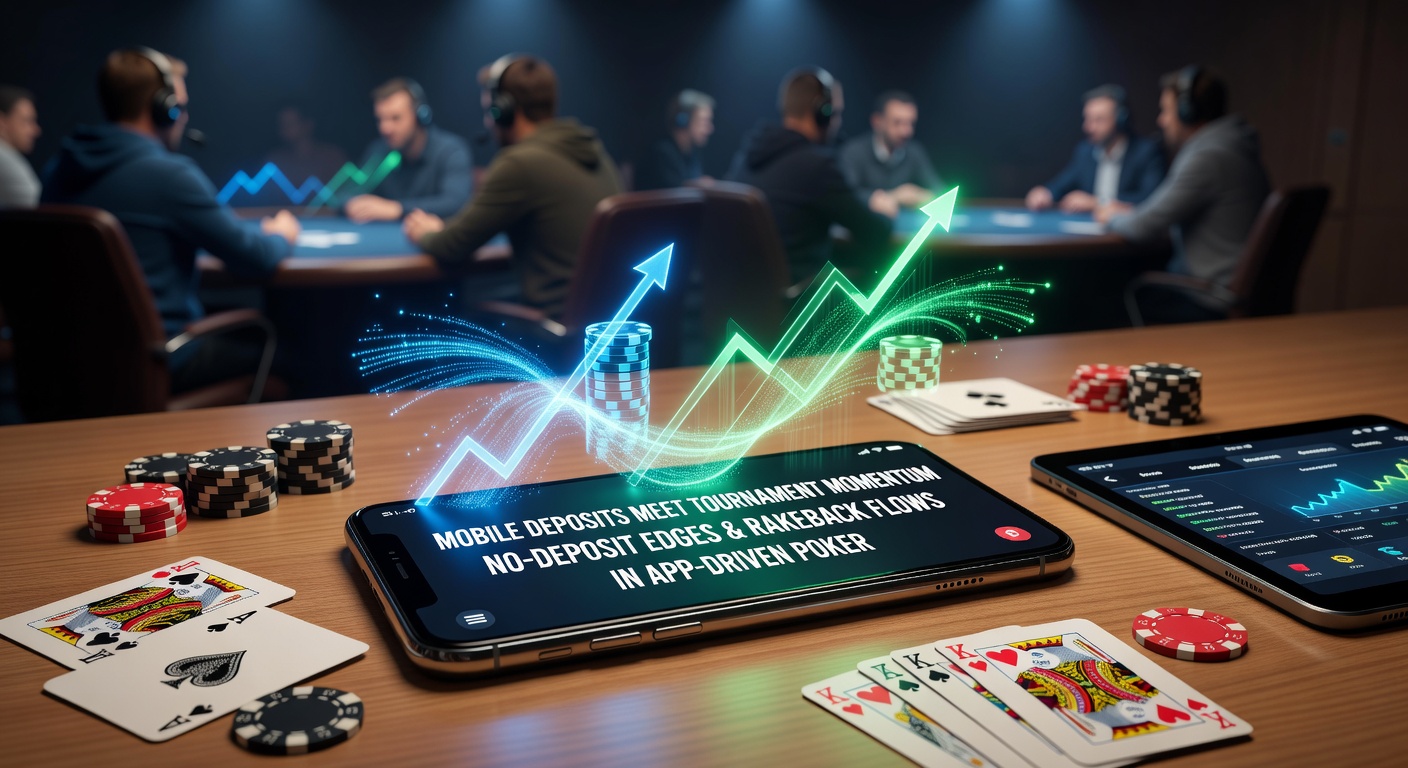 Smartphone screen displaying a poker app tournament lobby with quick deposit buttons and no-deposit bonus notifications
