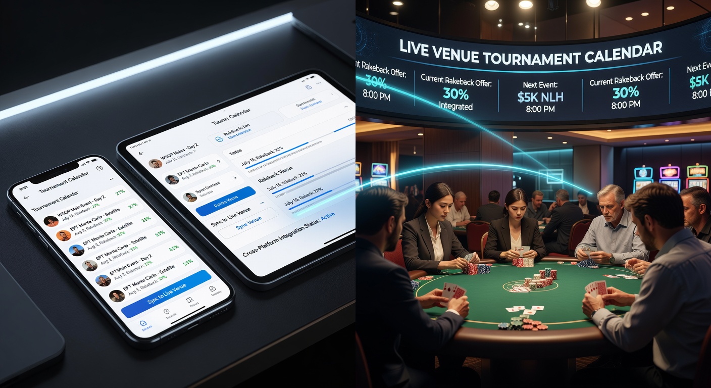 Mobile poker app displaying integrated rakeback rewards alongside a tournament calendar interface