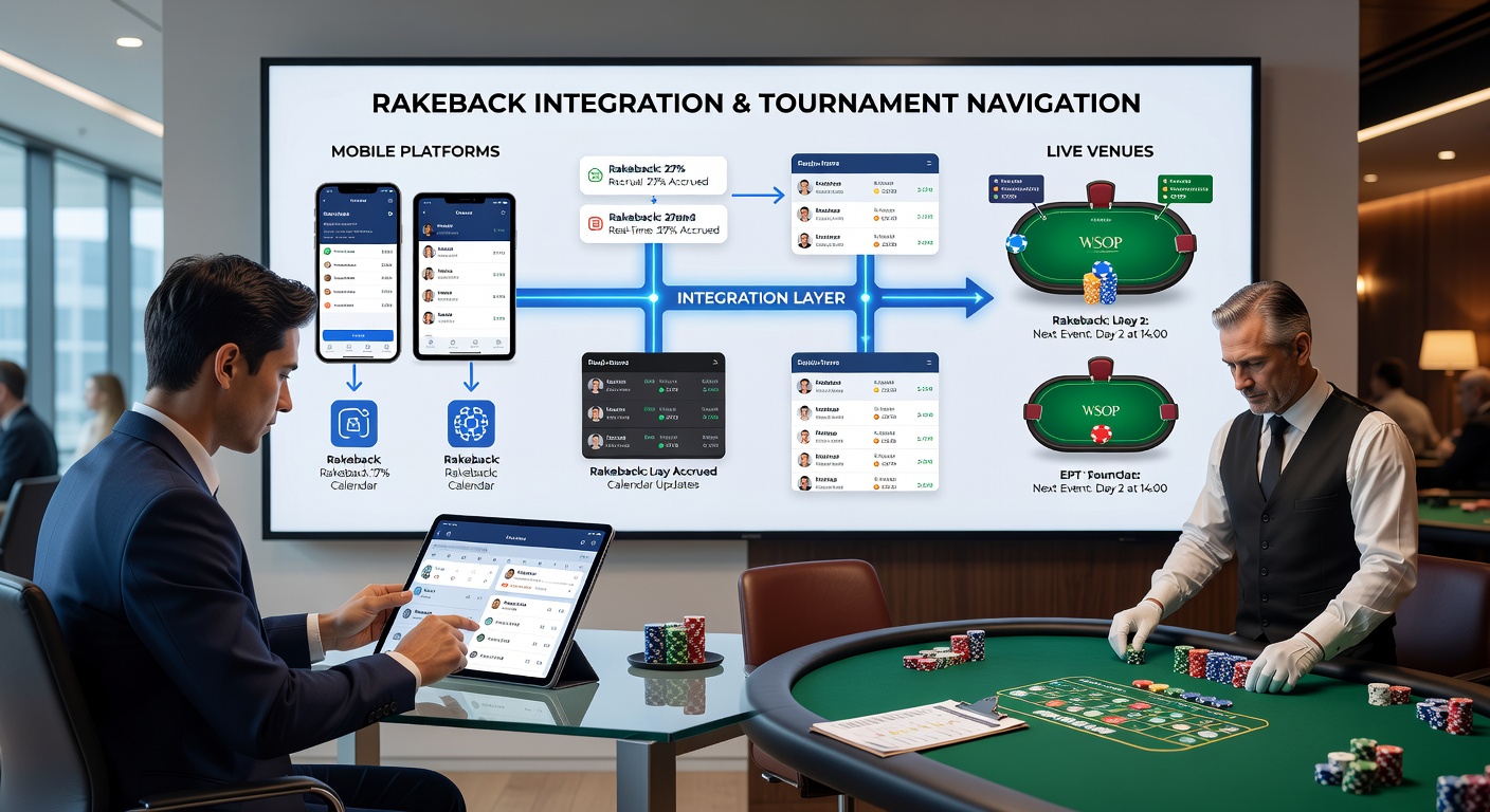 Live poker tournament room with digital displays showing calendar integration points for rakeback tracking