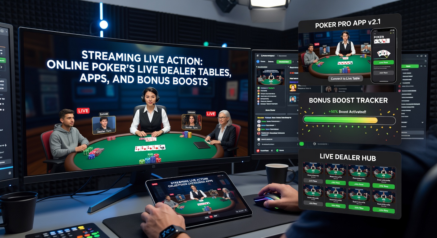 Mobile app interface showing a live poker stream with dealer dealing cards, bet sliders, and chat window active on a smartphone screen