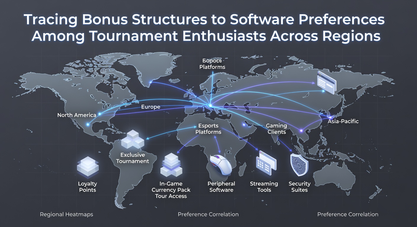Global map overlay showing poker software icons connected to regional bonus icons across North America, Europe, and Asia-Pacific tournament scenes