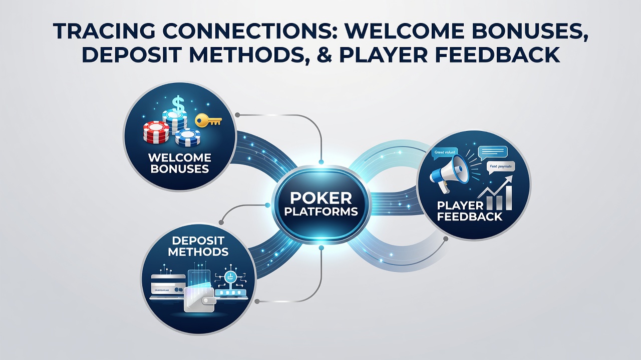 Overview of poker platform features showing bonus structures alongside payment processing icons and user review summaries