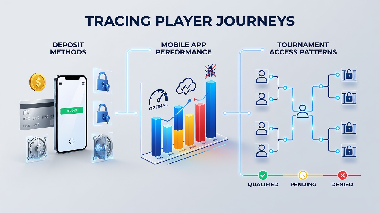 Visualization of player journey flows across deposit systems, mobile interfaces, and tournament entry points in online gaming platforms