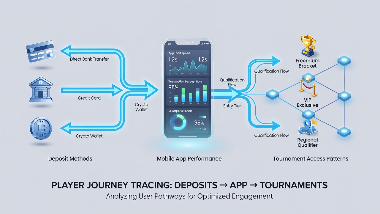 Analytics dashboard displaying mobile app metrics alongside tournament registration heatmaps and deposit conversion funnels
