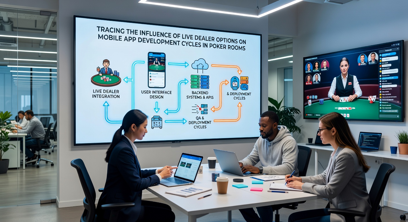 Development team reviewing live dealer poker app prototypes on multiple mobile devices during a testing session